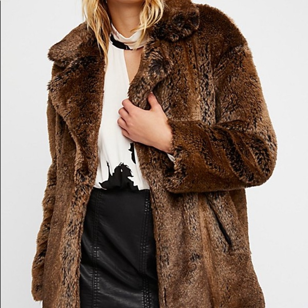 free people brown faux fur coat. nwot